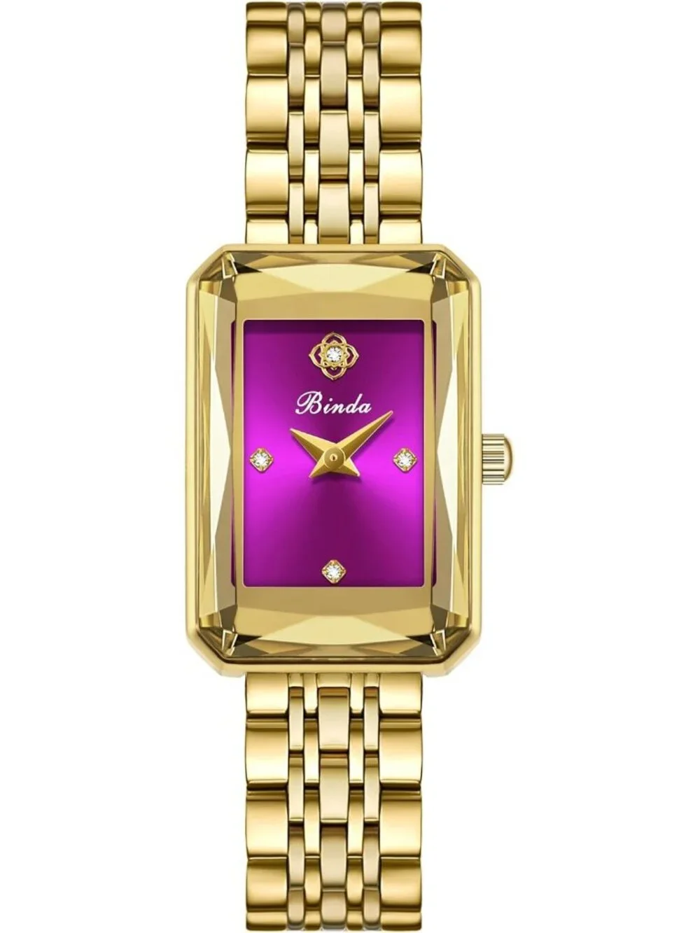 Women's Gold Purple Vintage Rectangular Case Stainless Steel Band Wrist Watch
